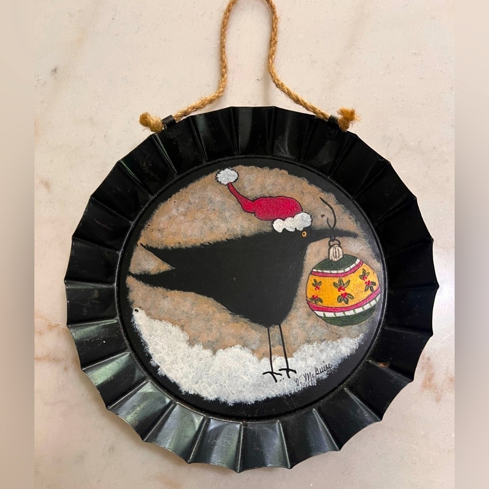 Handpainted Tarte Tin Crow Santa Hat Christmas Artist Signed